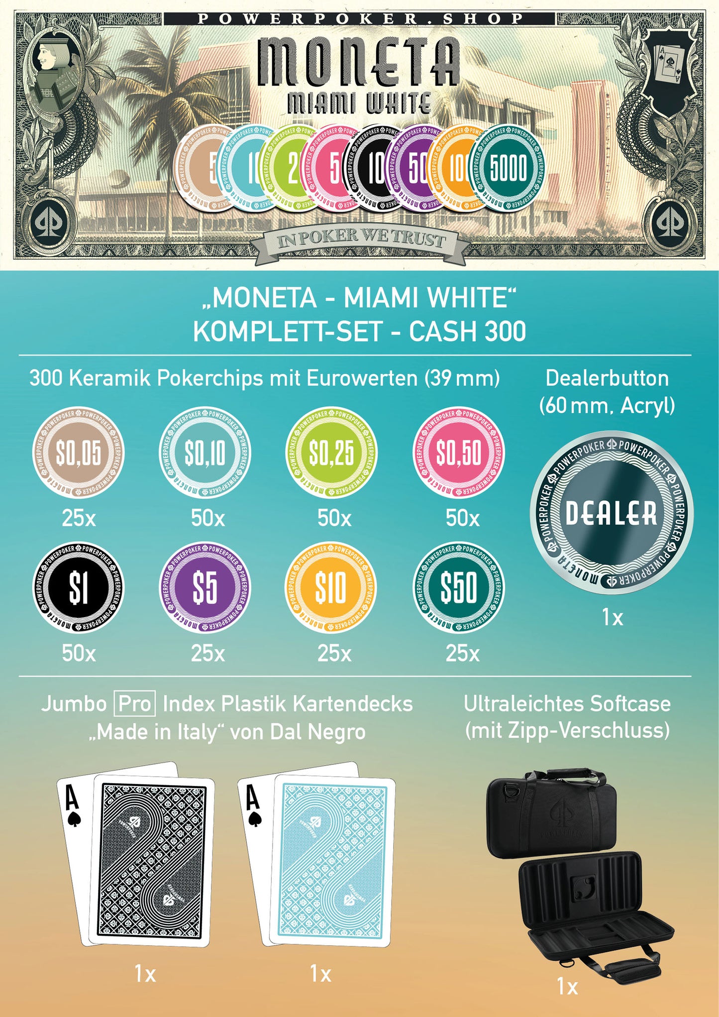 Poker case complete set - Moneta "Miami White" CASH 300