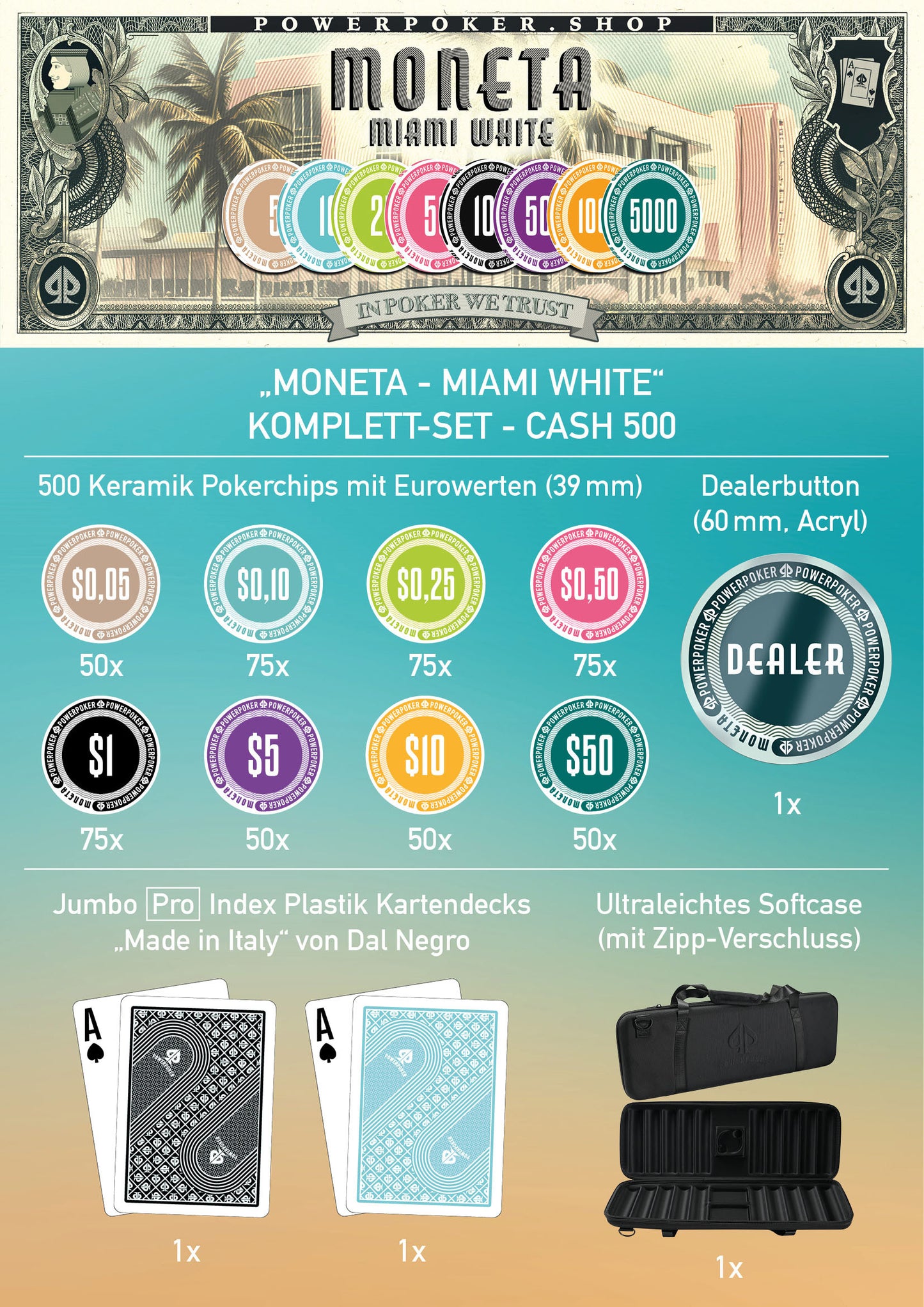 Poker case complete set - Moneta "Miami White" CASH 500