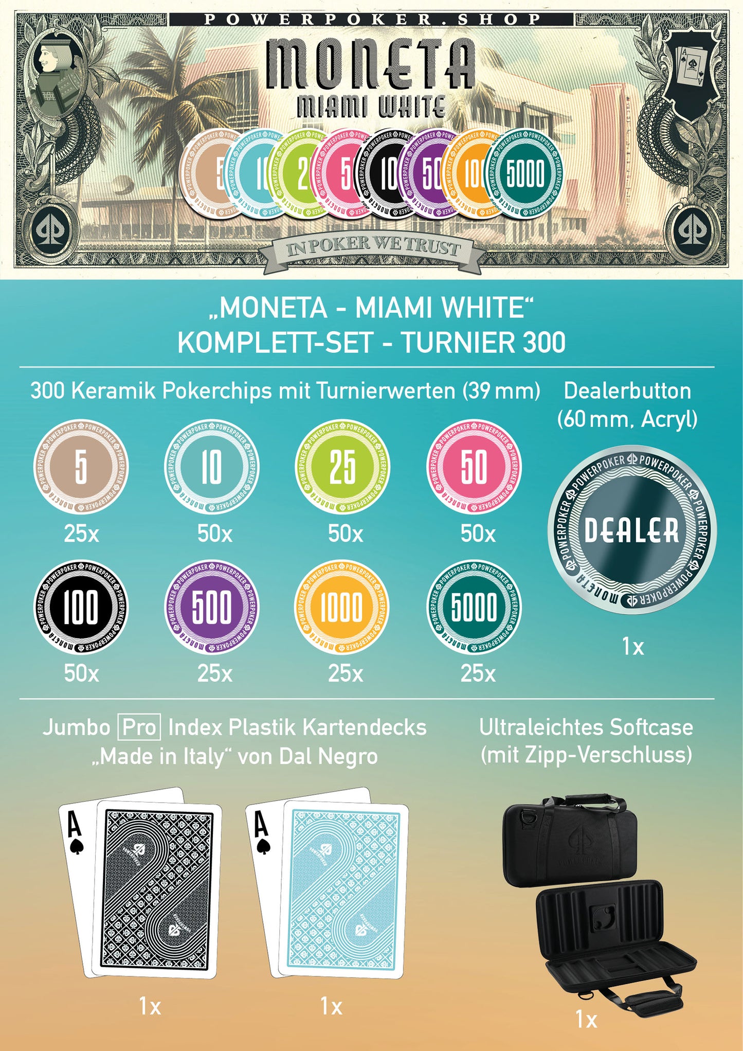 Pokerkoffer Komplett Set - Moneta "Miami White" Turnier 300