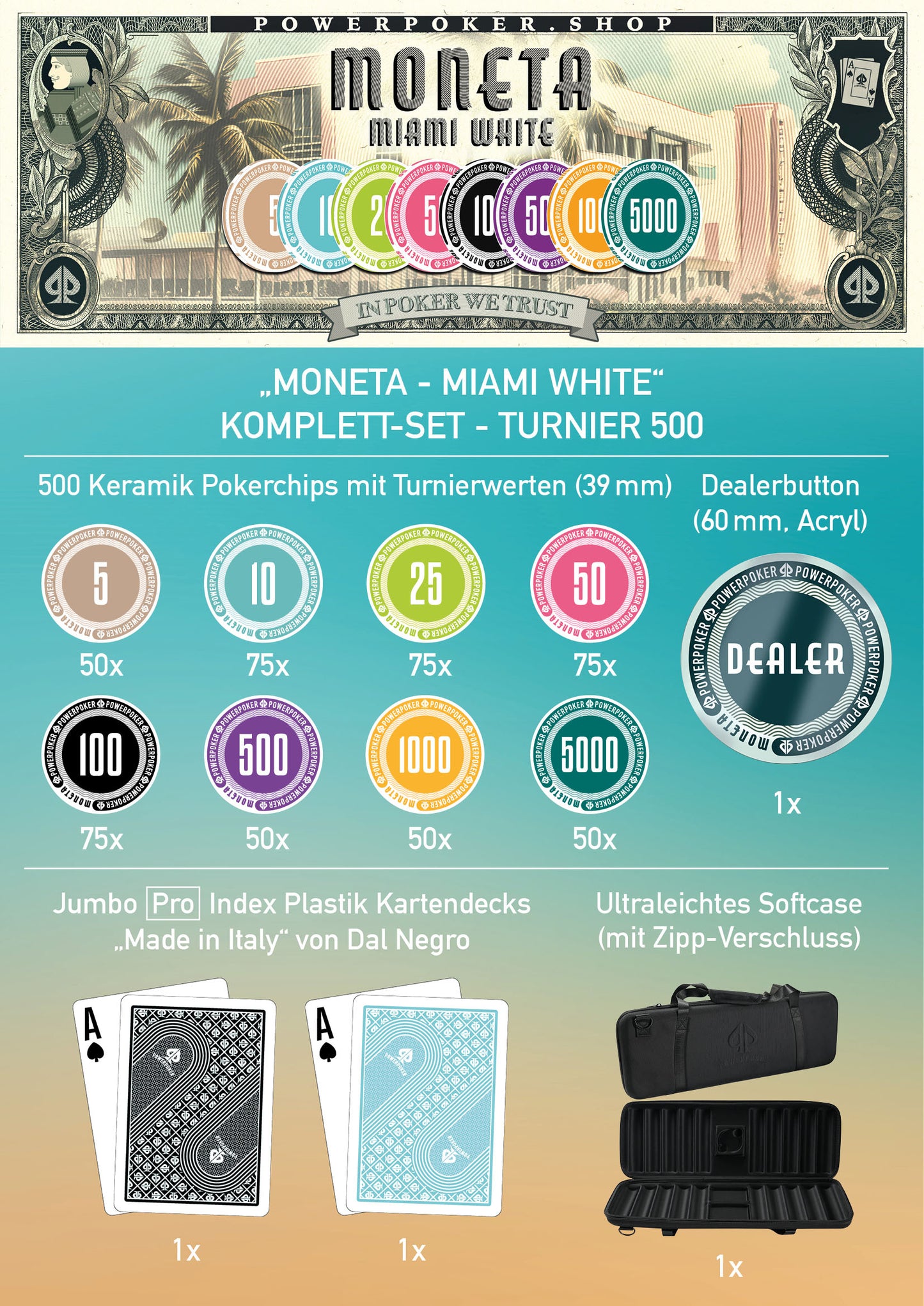 Poker case complete set - Moneta "Miami White" tournament 500