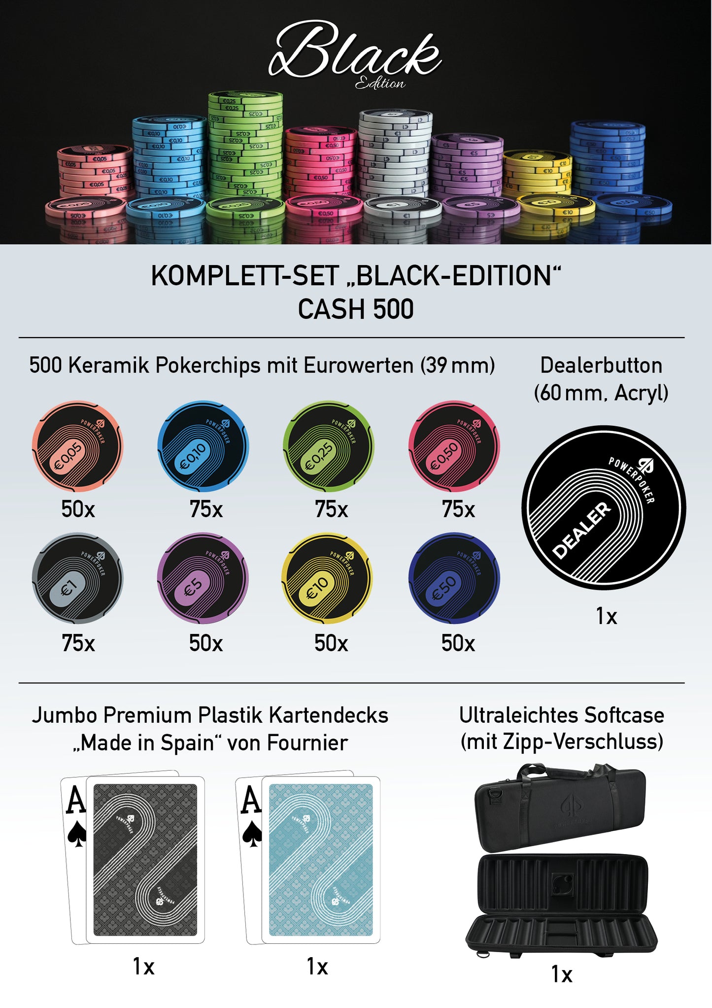 Pokerkoffer Komplett Set - "Black Edition" CASH 500