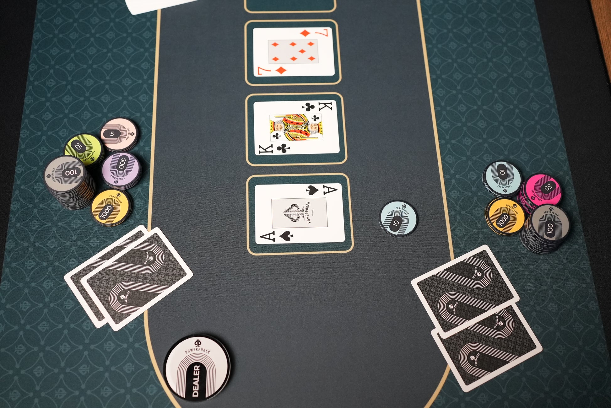 Beispielfoto zur Verwendung. Draufsicht. Pokerchips, Karten und Dealerbutton auf PowerPoker Pokermatte Royal Green.