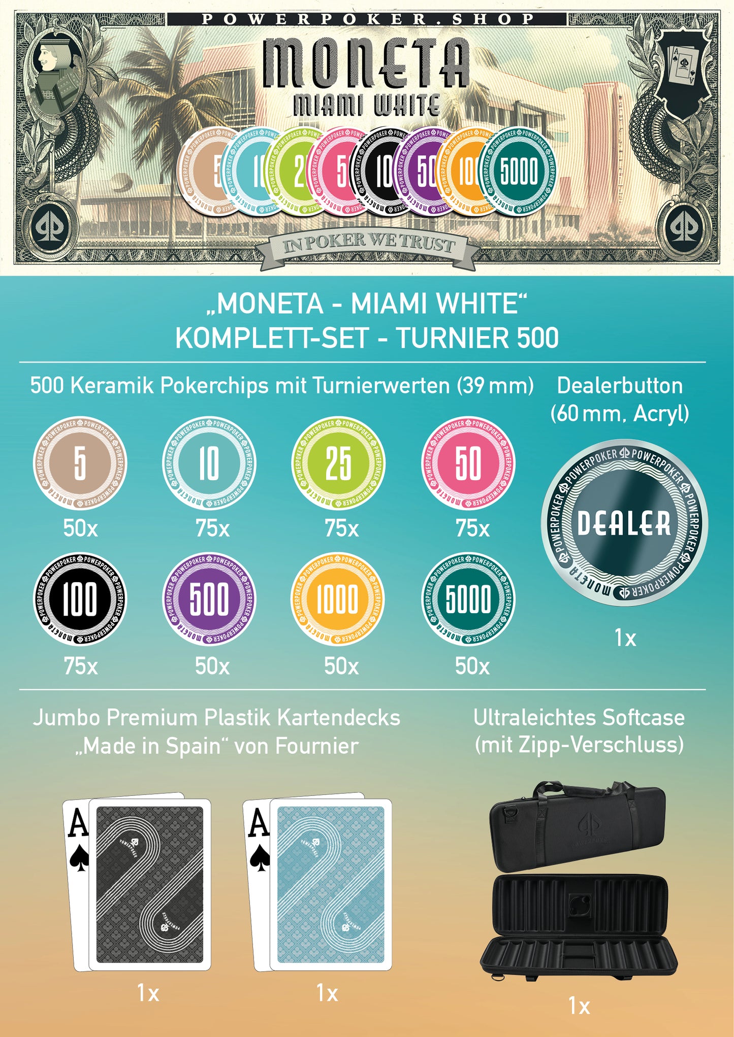 Pokerkoffer Komplett Set - Moneta "Miami White" Turnier 500